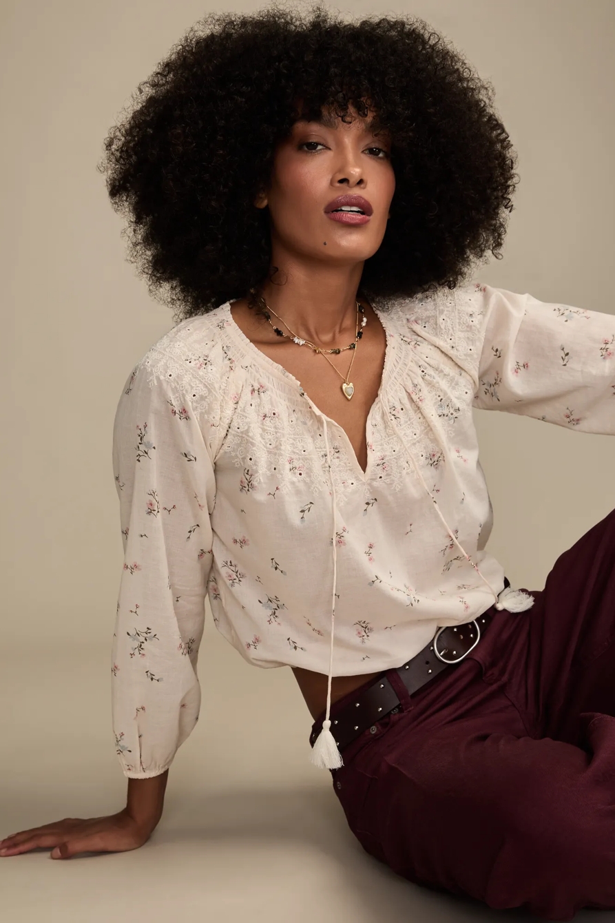 EMBROIDERED SMOCKED PEASANT TOP — CREAM MULTI — image 1
