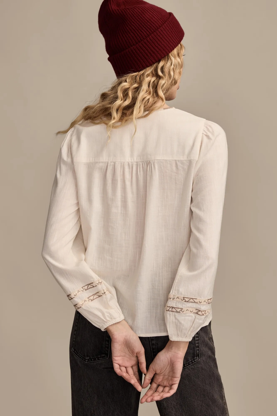 EMBROIDERED NOTCH NECK PEASANT TOP — GARDENIA — image 3
