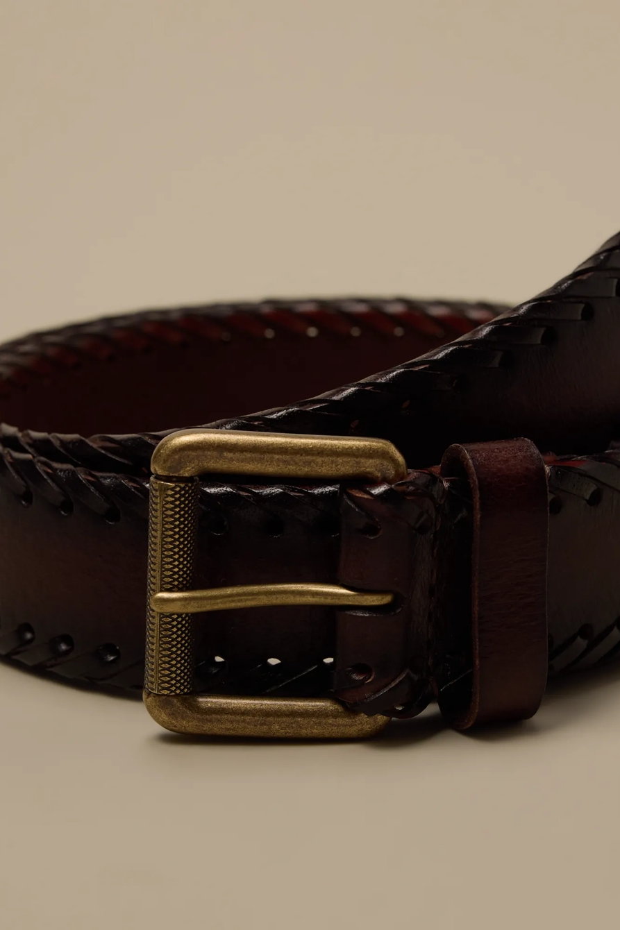 STITCHED LEATHER BELT — DARK BROWN — image 3