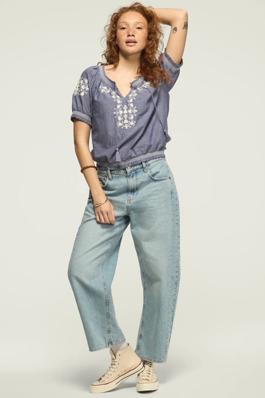 EMBROIDERED SHORT SLEEVE BUBBLE TOP — NAVY — image 5