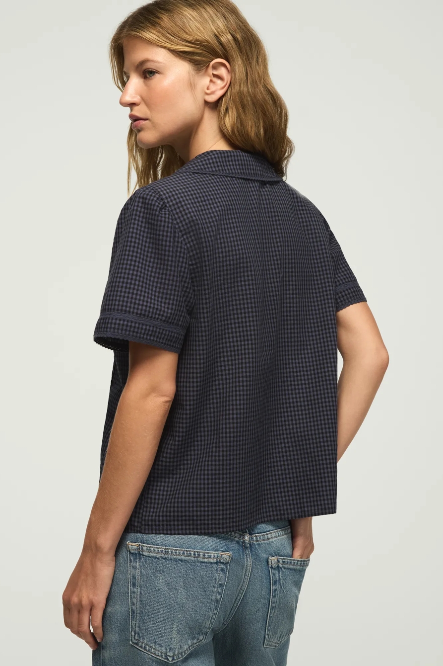 SHORT SLEEVE PETER PAN BLOUSE — NAVY GINGHAM — image 3