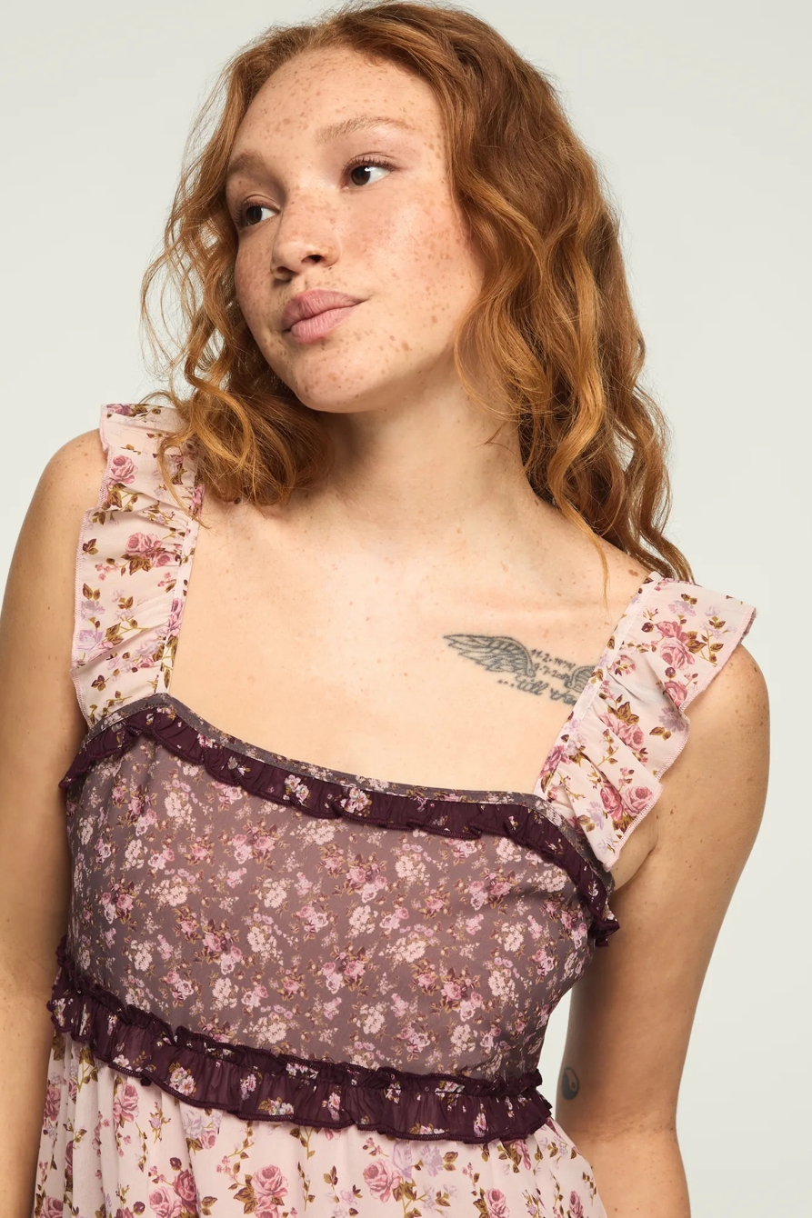 PRINT MIX RUFFLE MINI DRESS — BURGUNDY PRINT MIX — image 5