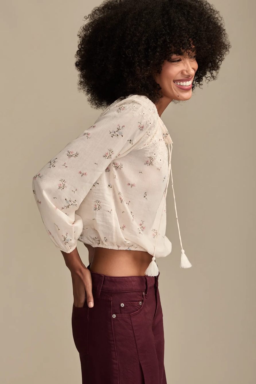 EMBROIDERED SMOCKED PEASANT TOP — CREAM MULTI — image 4