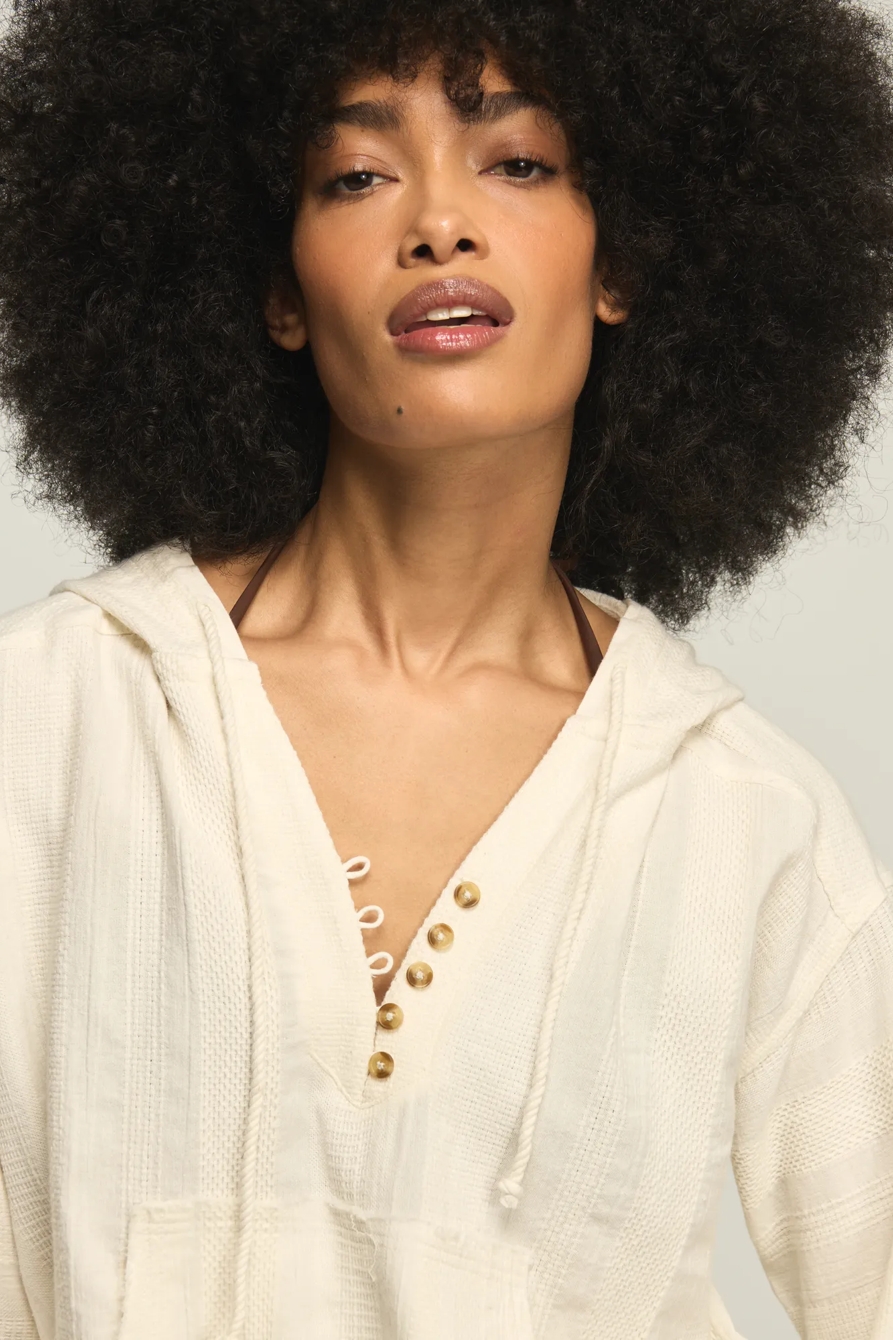 CINCHED WAIST NOVELTY HENLEY HOODIE — TOFU — image 2