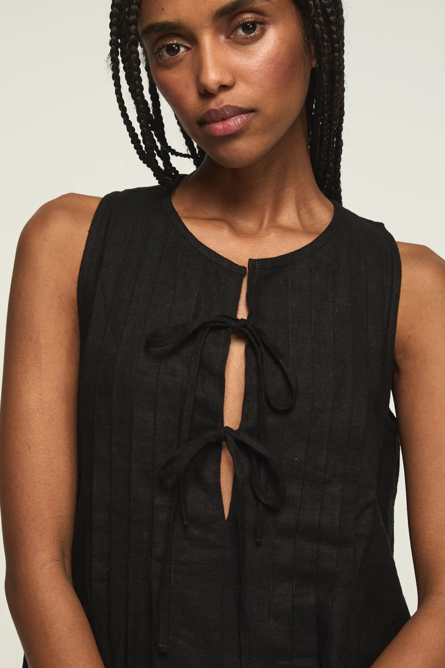 PLEATED TIE NECK MINI DRESS — CAVIAR — image 2