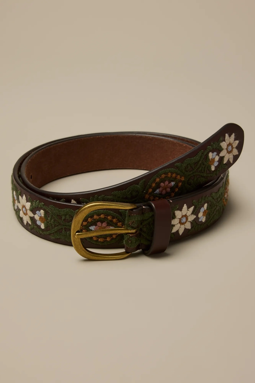 WHITE AND BLUE FLOWER EMBROIDERED BELT — DARK BROWN — image 1