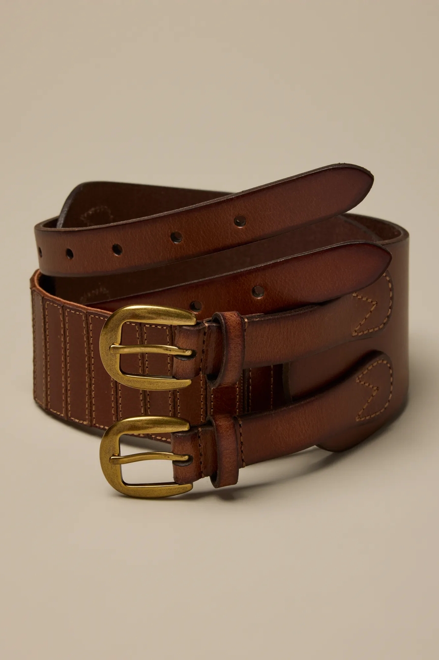 DOUBLE BUCKLE LEATHER STRETCH BELT — BROWN — image 1