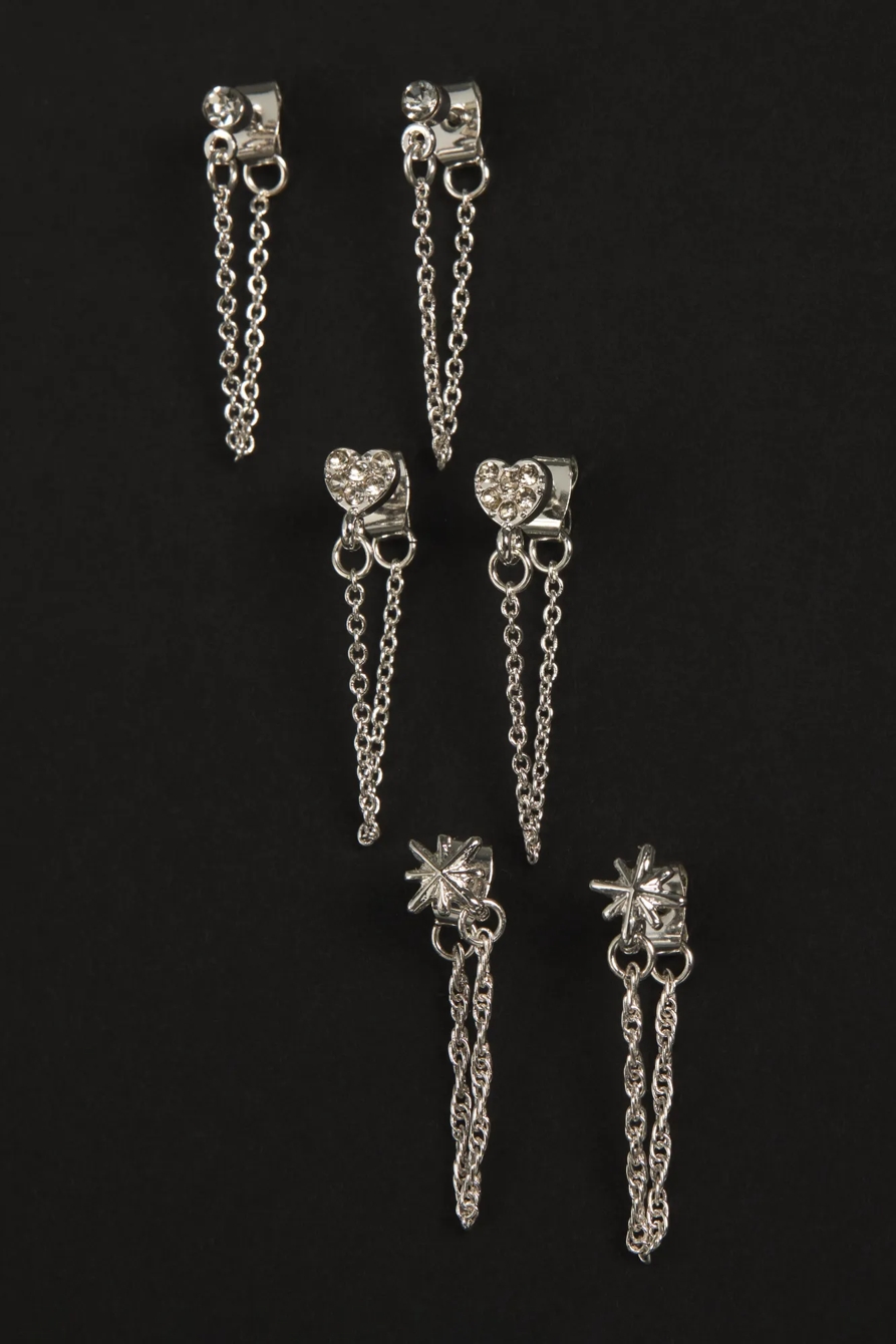 Heart and Star Drop Chain Earring Set — SILVER — image 1