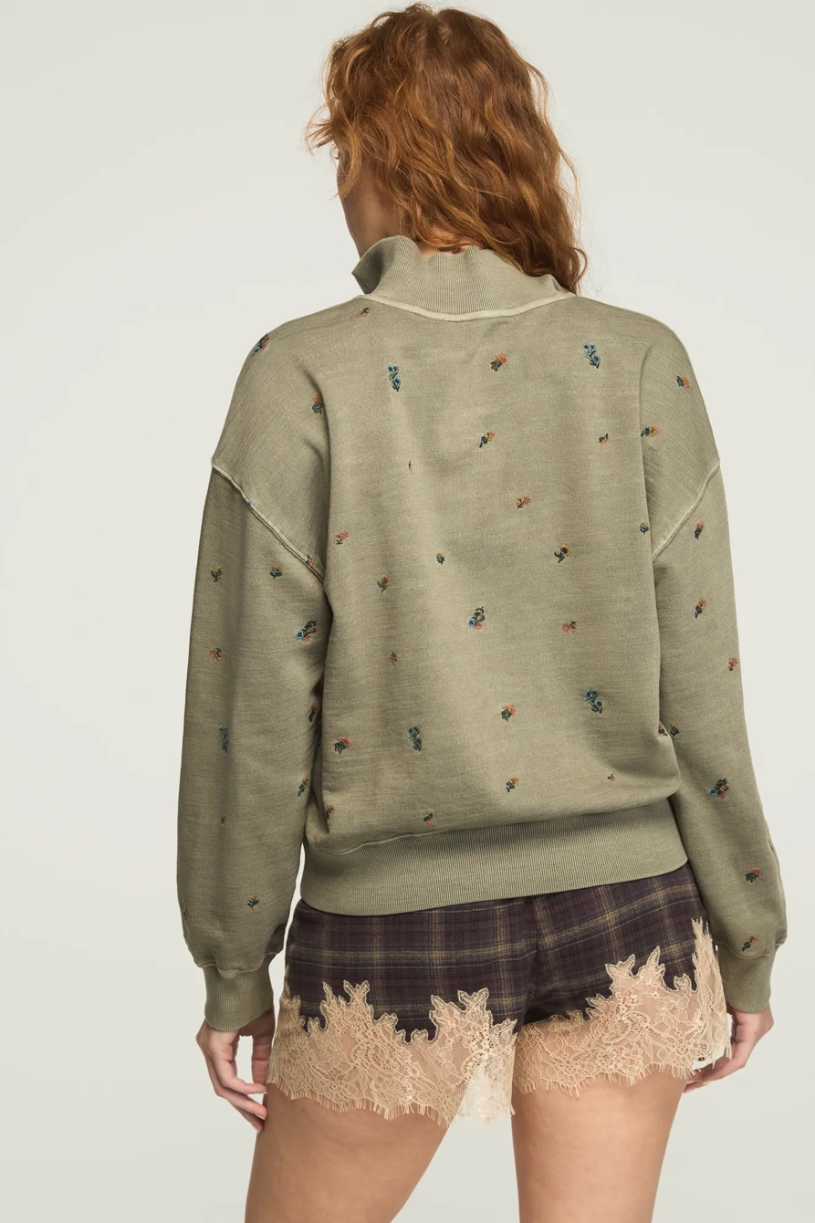EMBROIDERED QUARTER ZIP PULLOVER — Dusty Olive — image 3