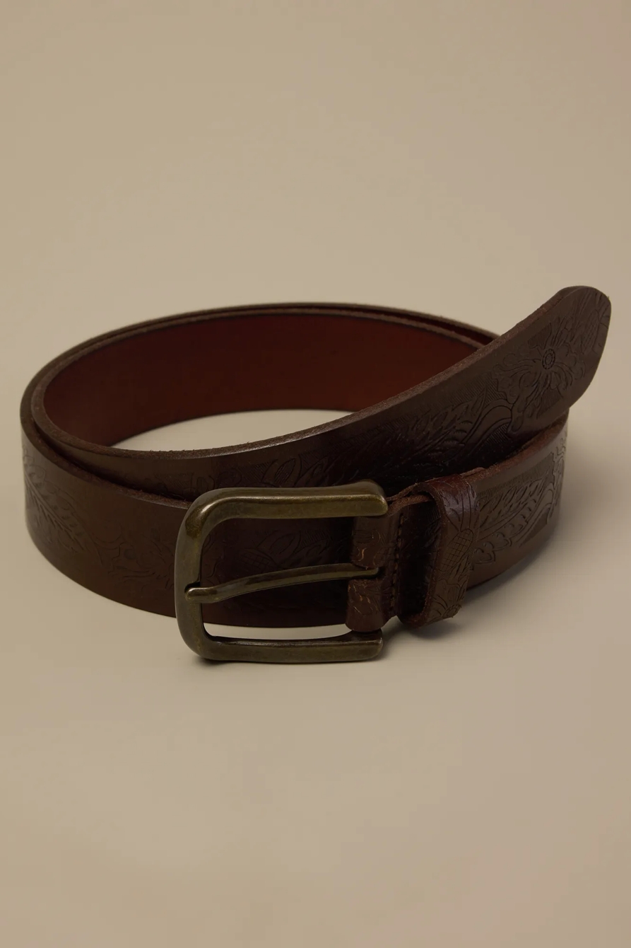 Foliage Embossed Leather Belt — BROWN — image 1