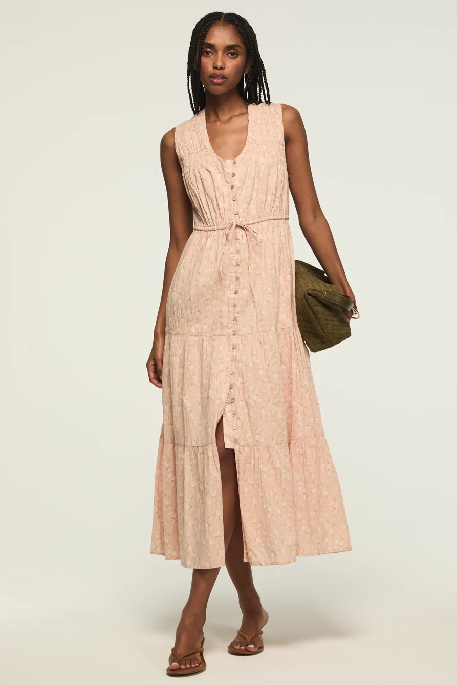 CRINKLE TIERED MIDI DRESS — BLUSH FLORAL — image 1