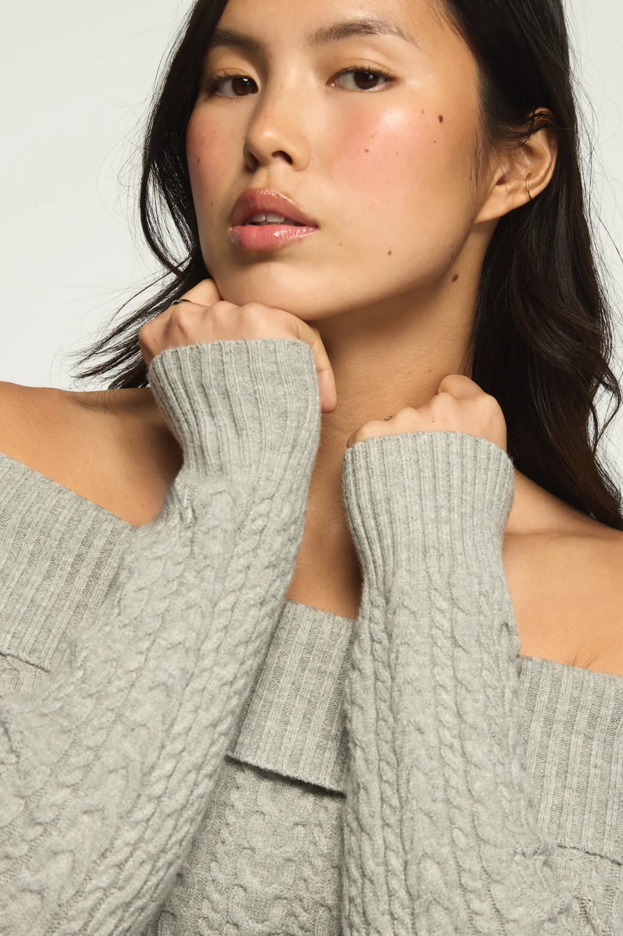 FOLD OVER RIB SWEATER — LIGHT HEATHER GRAY — image 2