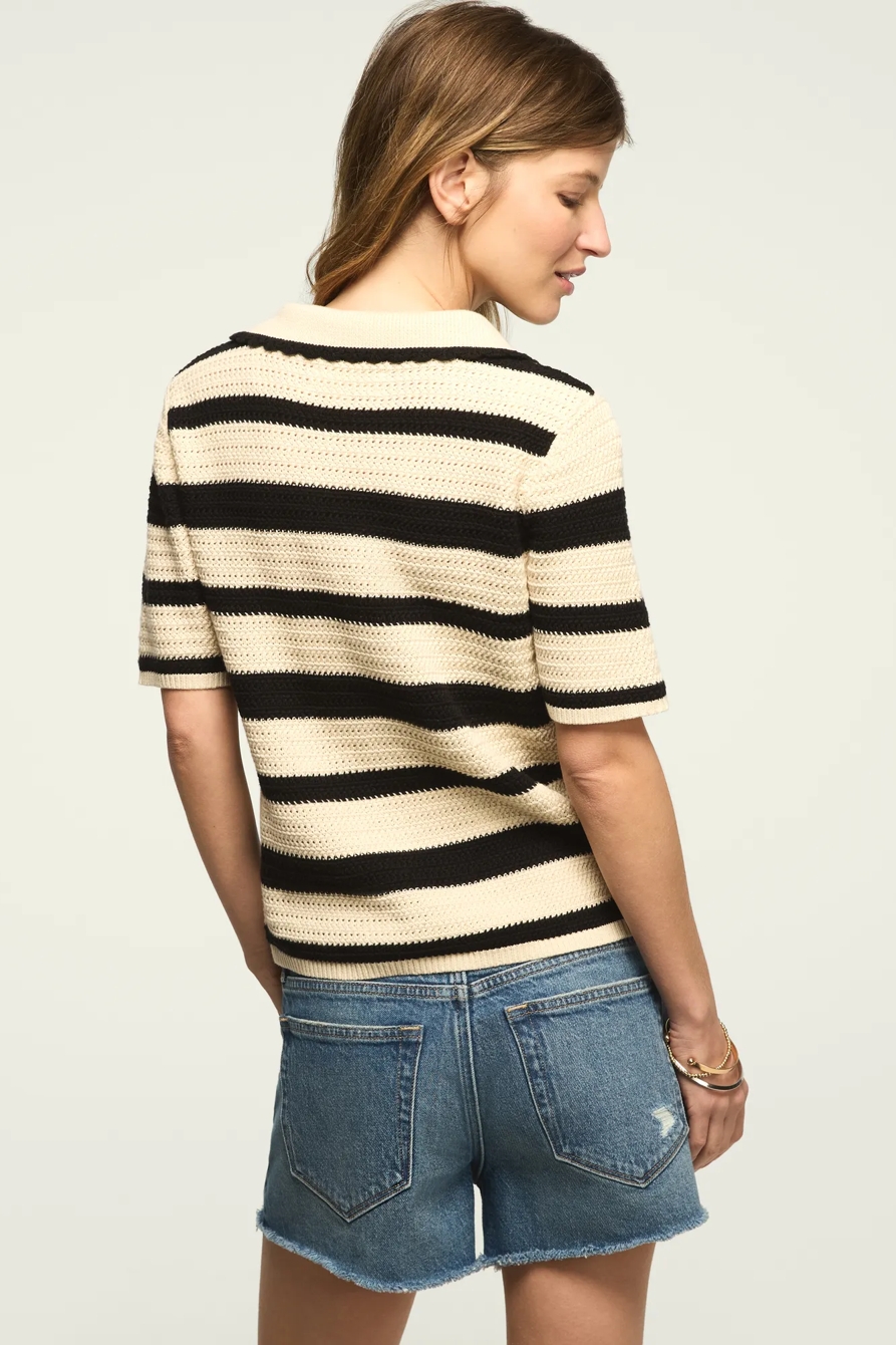 CROCHET STRIPED POLO SWEATER — WHITECAP GRAY — image 3