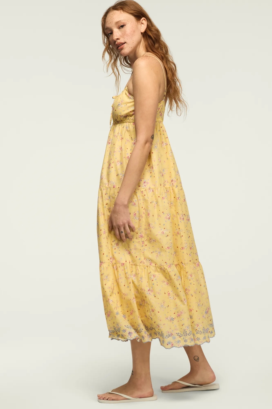 PRINTED EYELET TIERED MIDI DRESS — Yellow Floral — image 4