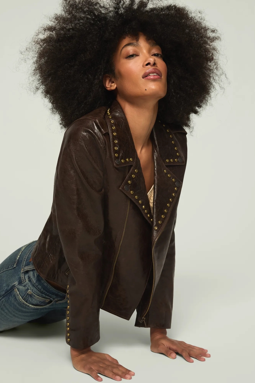 STUDDED MOTO LEATHER JACKET — CHICORY COFFEE — image 1