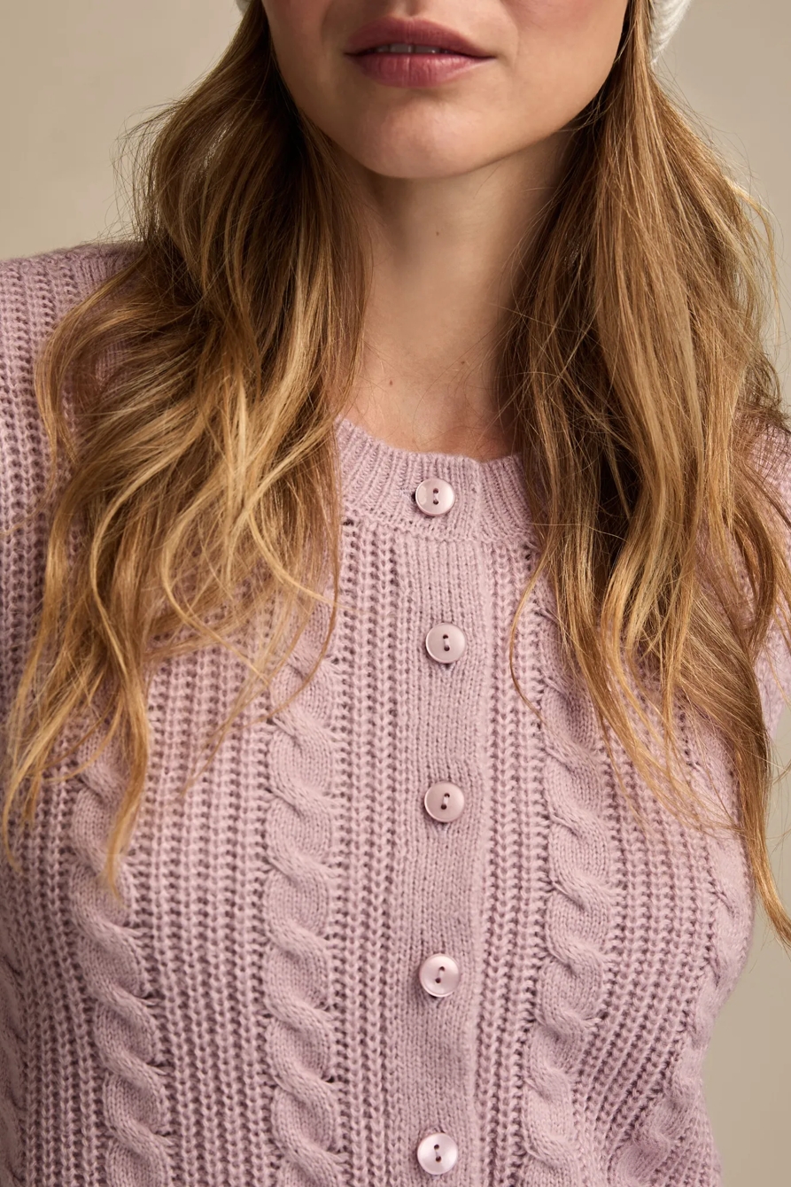 SHORT SLEEVE CABLE CARDIGAN — DAWN PINK — image 5