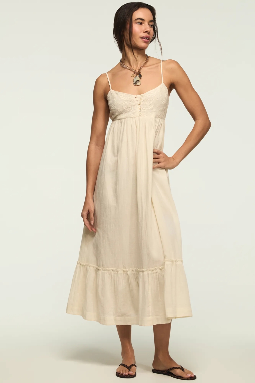 EMBROIDERED HENLEY MIDI DRESS — CREAM — image 1
