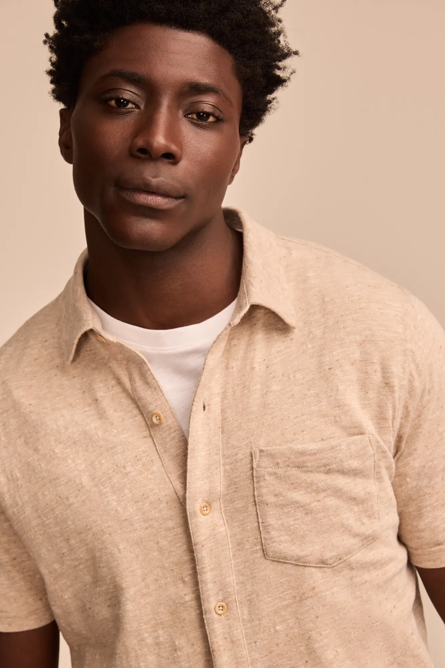 LINEN SHORT SLEEVE BUTTON UP SHIRT — Plaza Taupe — image 3