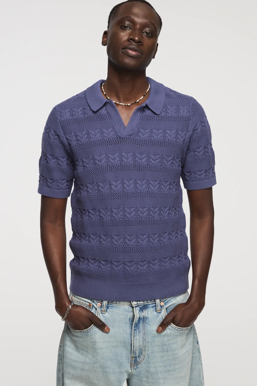 ALL OVER TEXTURE JOHNNY COLLAR SWEATER — BLUE INDIGO — image 1