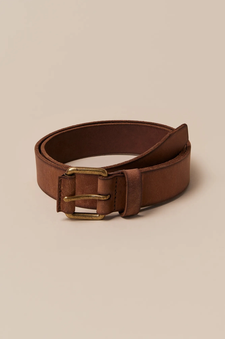 COVERED ROLLER BUCKLE LEATHER BELT — DARK BROWN — image 1