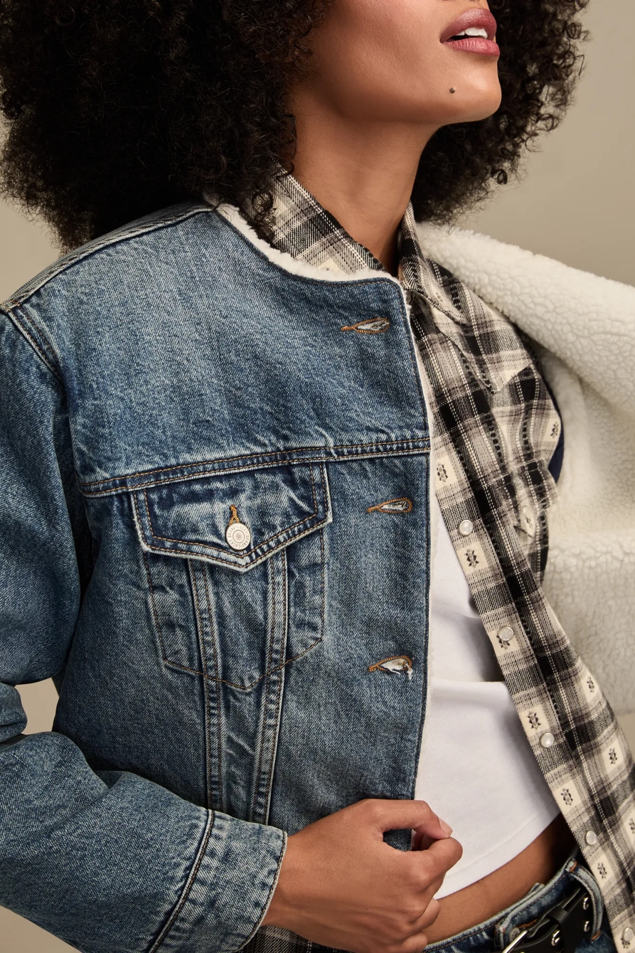 FAUX SHEARLING COLLARLESS CROPPED TRUCKER — COZY COTTAGE WASH — image 2