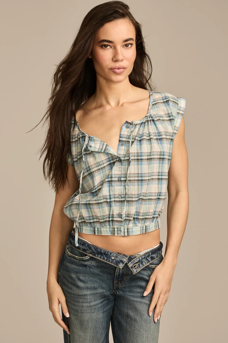 SLEEVELESS BUTTON DOWN BLOUSE — BLUE PLAID — image 1