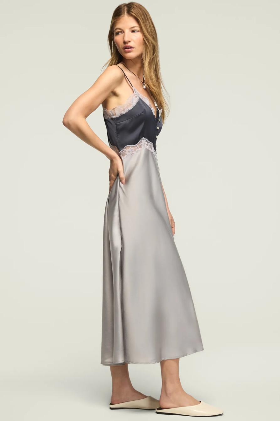 BUTTON FRONT LACE SLIP DRESS — SLEET AND OMBRE BLUE COMBO — image 4