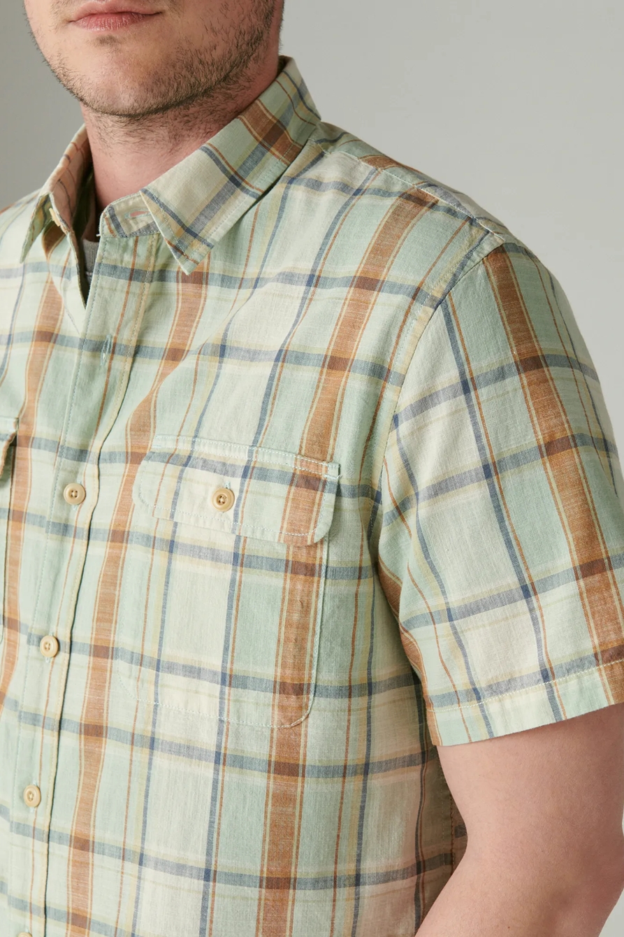 PLAID SHORT SLEEVE UTILITY SHIRT — GREEN STRIPE — image 4
