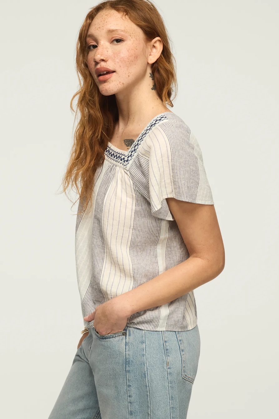 SQUARE NECK STRIPED EMBROIDERED TOP — BLUE STRIPE — image 4