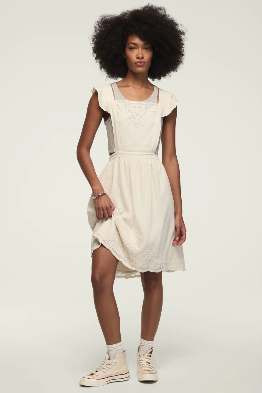 EMBROIDERED MESH APRON MINI DRESS — GARDENIA — image 1