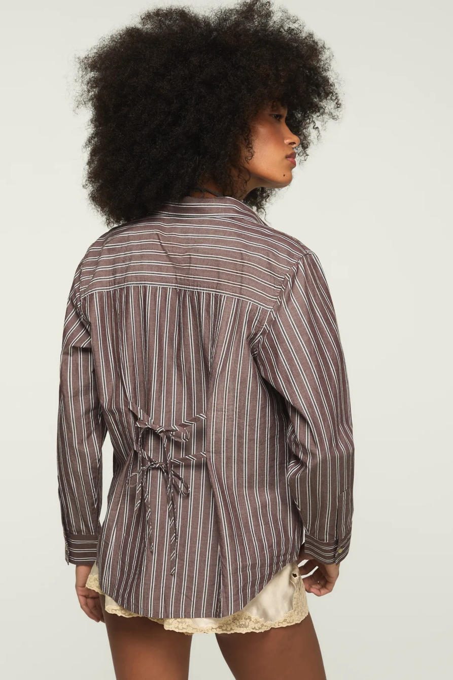 LACED BACK BUTTONDOWN SHIRT — Brown Stripe — image 3