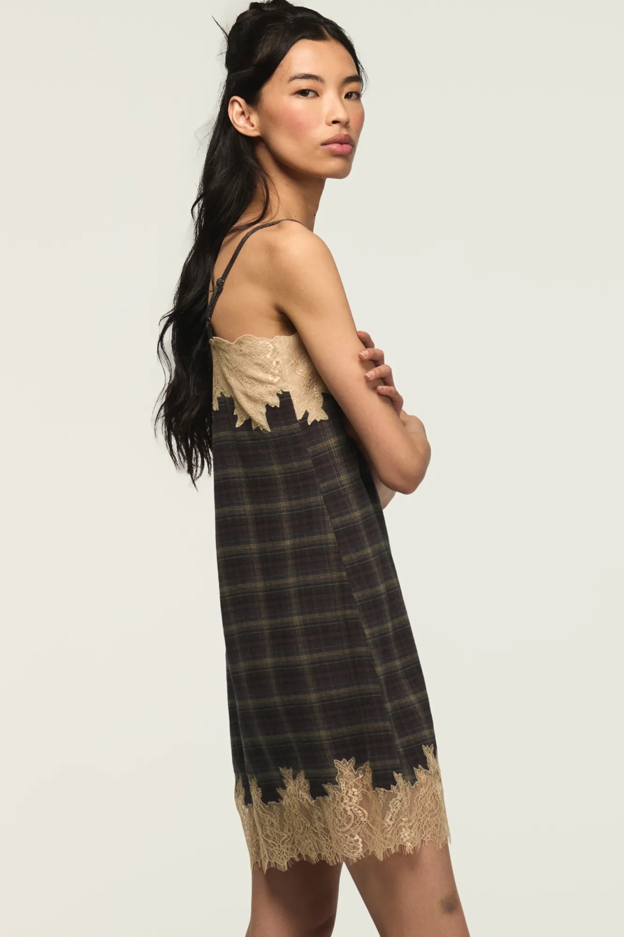 PLAID LACE TRIMMED MINI DRESS — BROWN PLAID — image 5