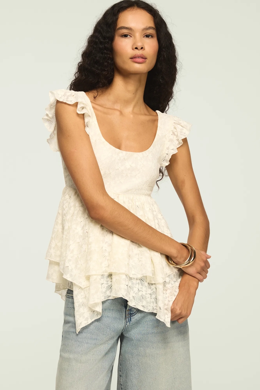 LACE FLUTTER SLEEVE TOP — TOFU — image 1