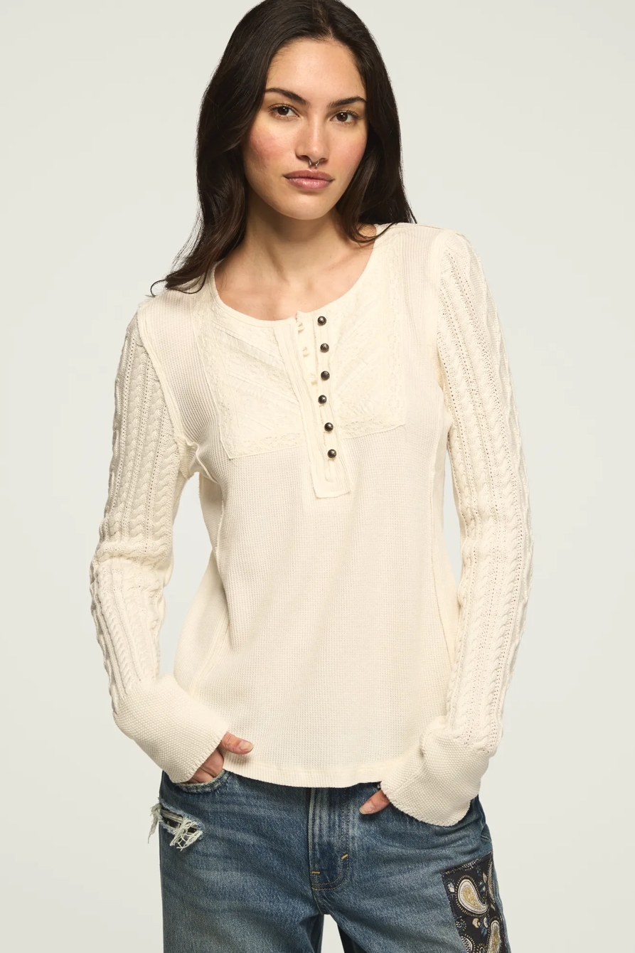 Pintuck Sweater Mix Henley — GARDENIA — image 2