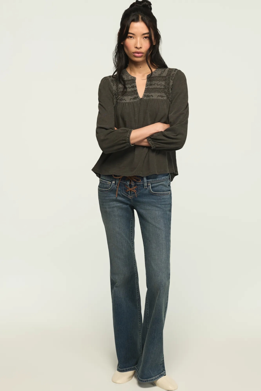 TRIM MIX KNIT PEASANT TOP — GRAY — image 2
