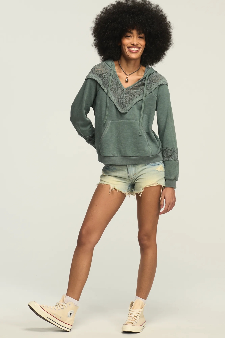 CROCHET YOKE FLEECE HOODIE — BALSAM GREEN — image 5