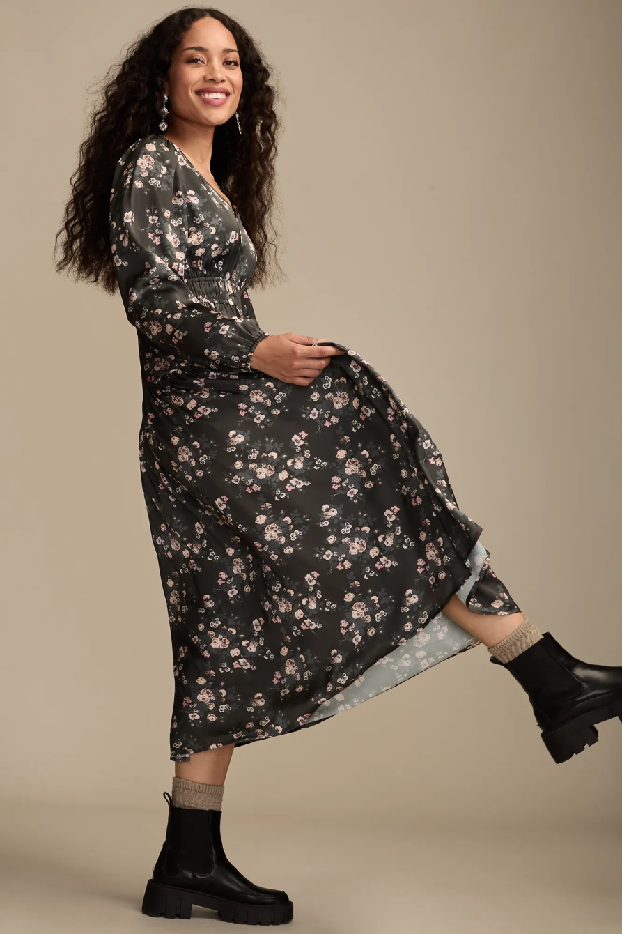 LONG SLEEVE FLORAL MIDI DRESS — WASHED BLACK FLORAL — image 5