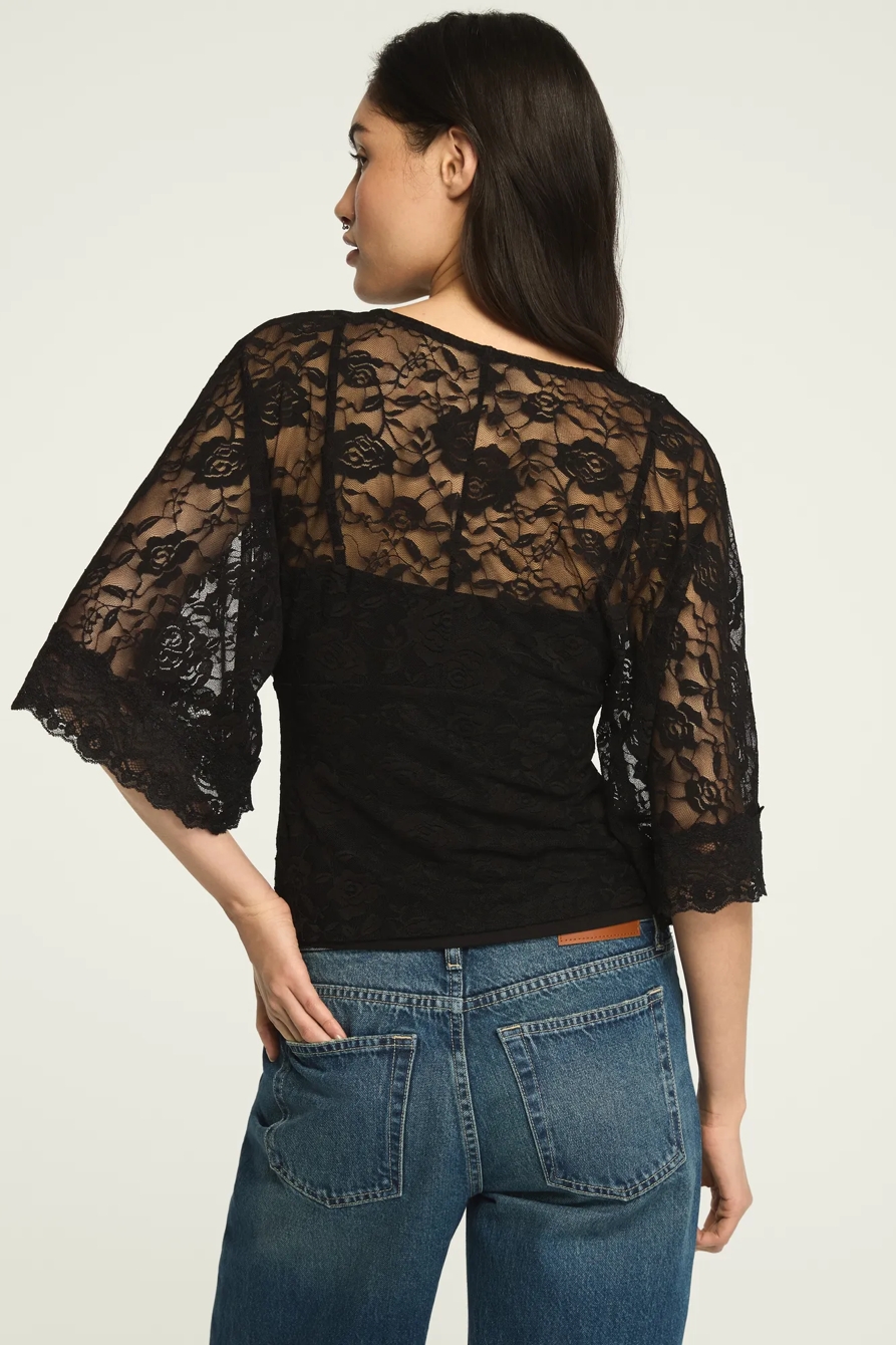 LACE V-NECK  BELL SLEEVE TOP — JET BLACK — image 4