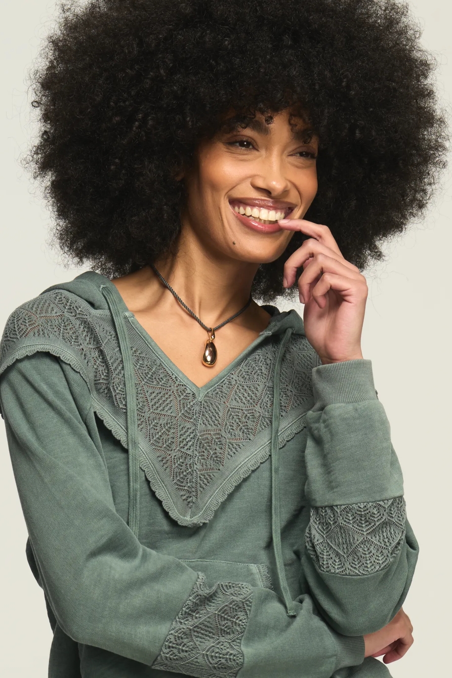 CROCHET YOKE FLEECE HOODIE — BALSAM GREEN — image 2