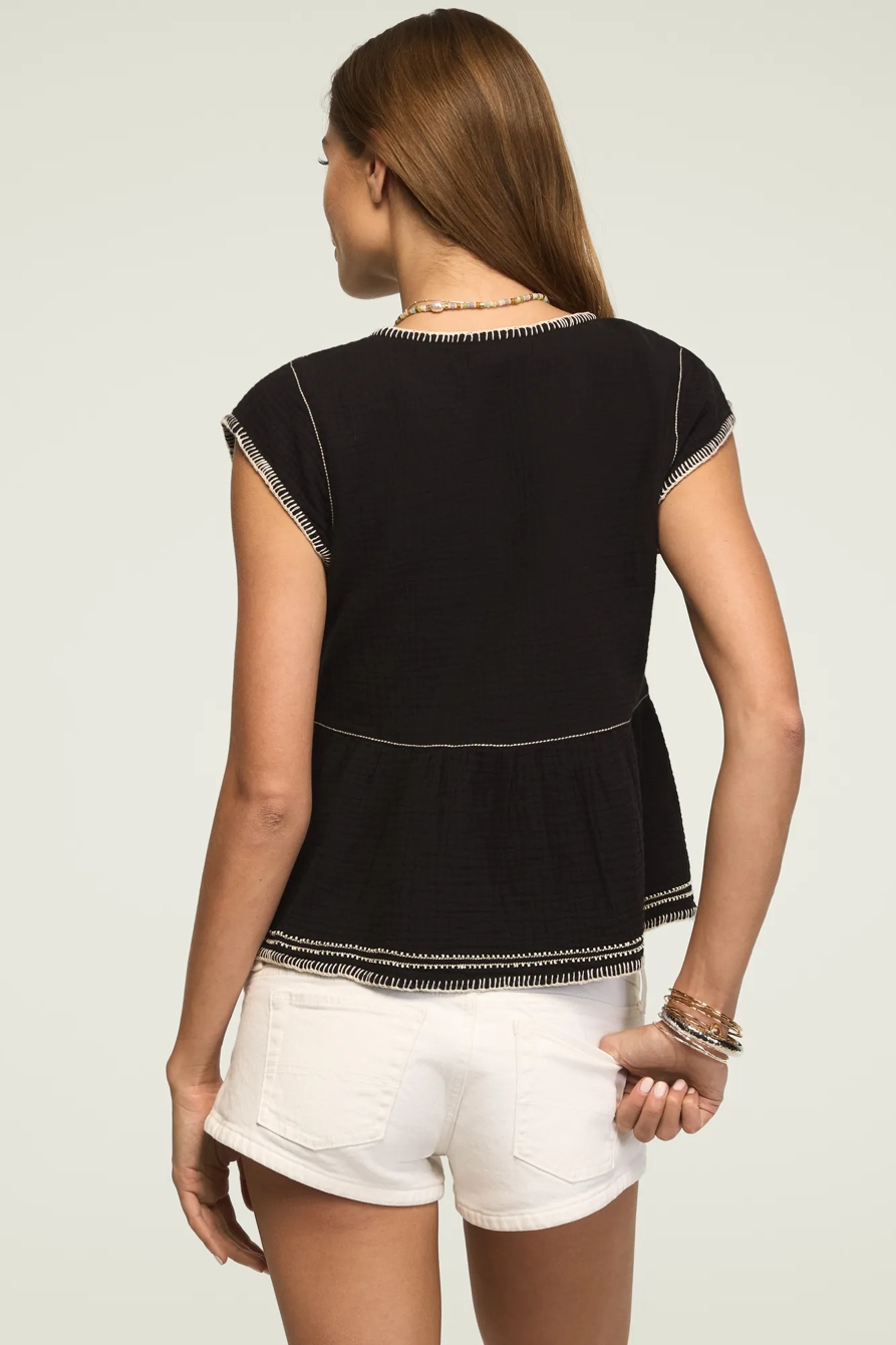 CONTRAST EMBROIDERED RUFFLE TOP — #001 BLACK — image 3