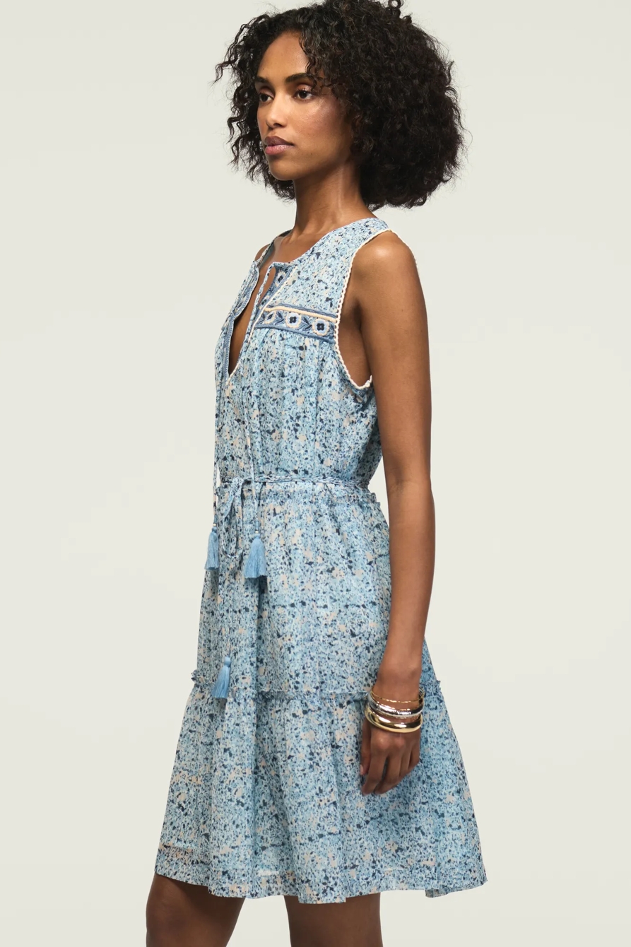 PRINTED EMBROIDERED YOKE MINI DRESS — BLUE FLORAL — image 4