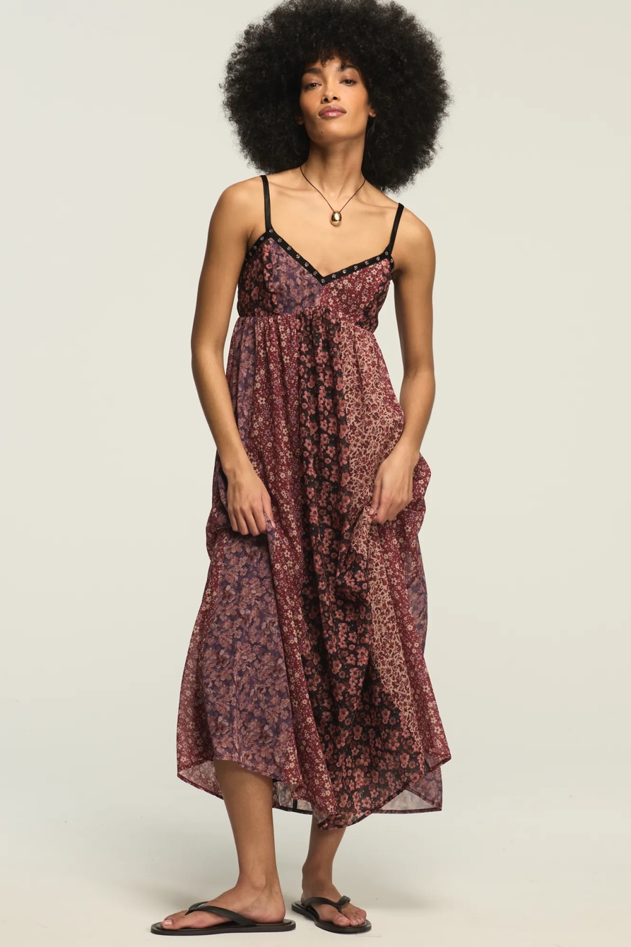 PRINT MIX MIDI DRESS — BURGUNDY PRINT MIX — image 1
