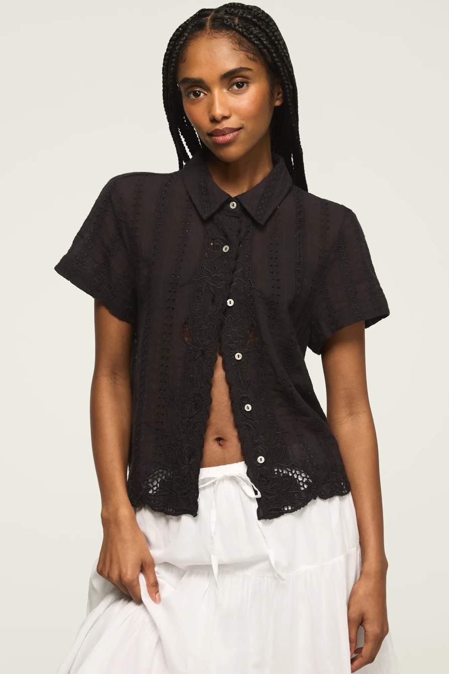 LACE SHORT SLEEVE BOYFRIEND BUTTONDOWN — CAVIAR — image 1