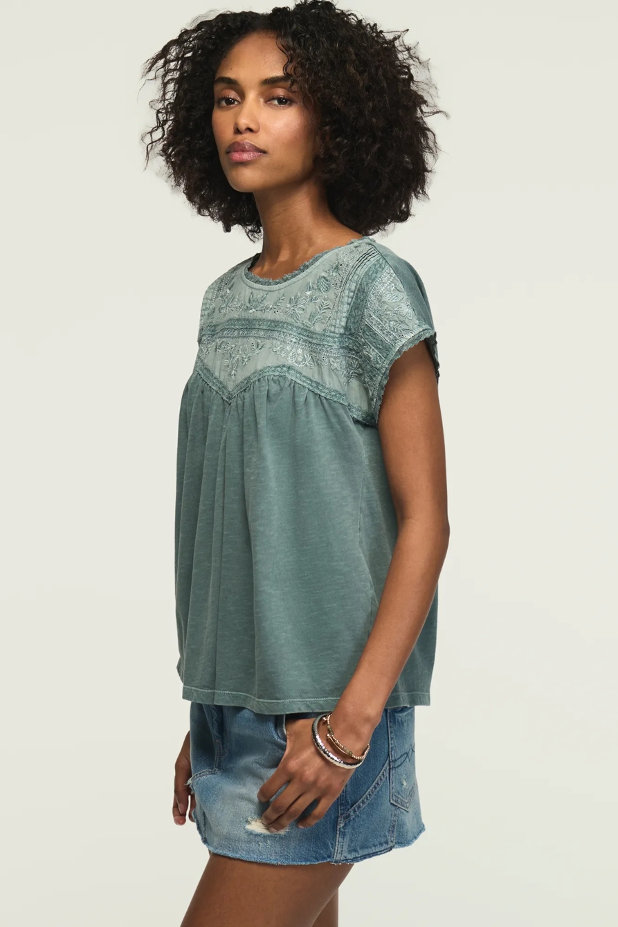 EMBROIDERED DOLMAN YOKE TOP — CAMEO BLUE — image 4