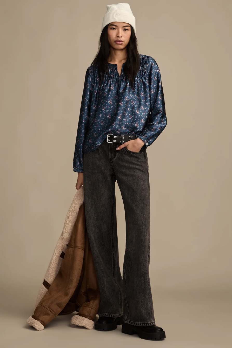 SMOCKED YOKE PEASANT TOP — BLUE FLORAL — image 5