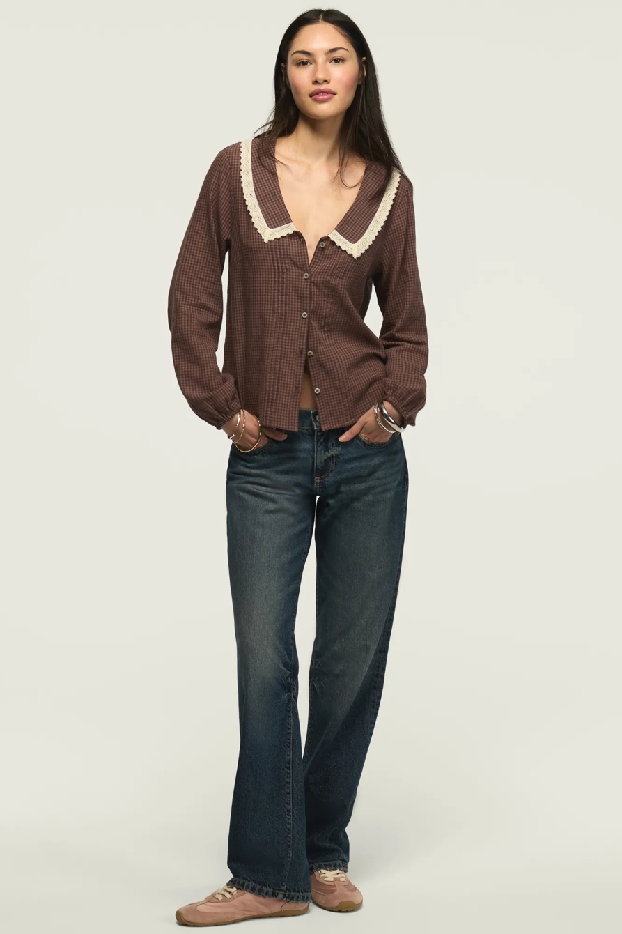 LONG SLEEVE PETER PAN COLLAR TOP — BROWN GINGHAM — image 2