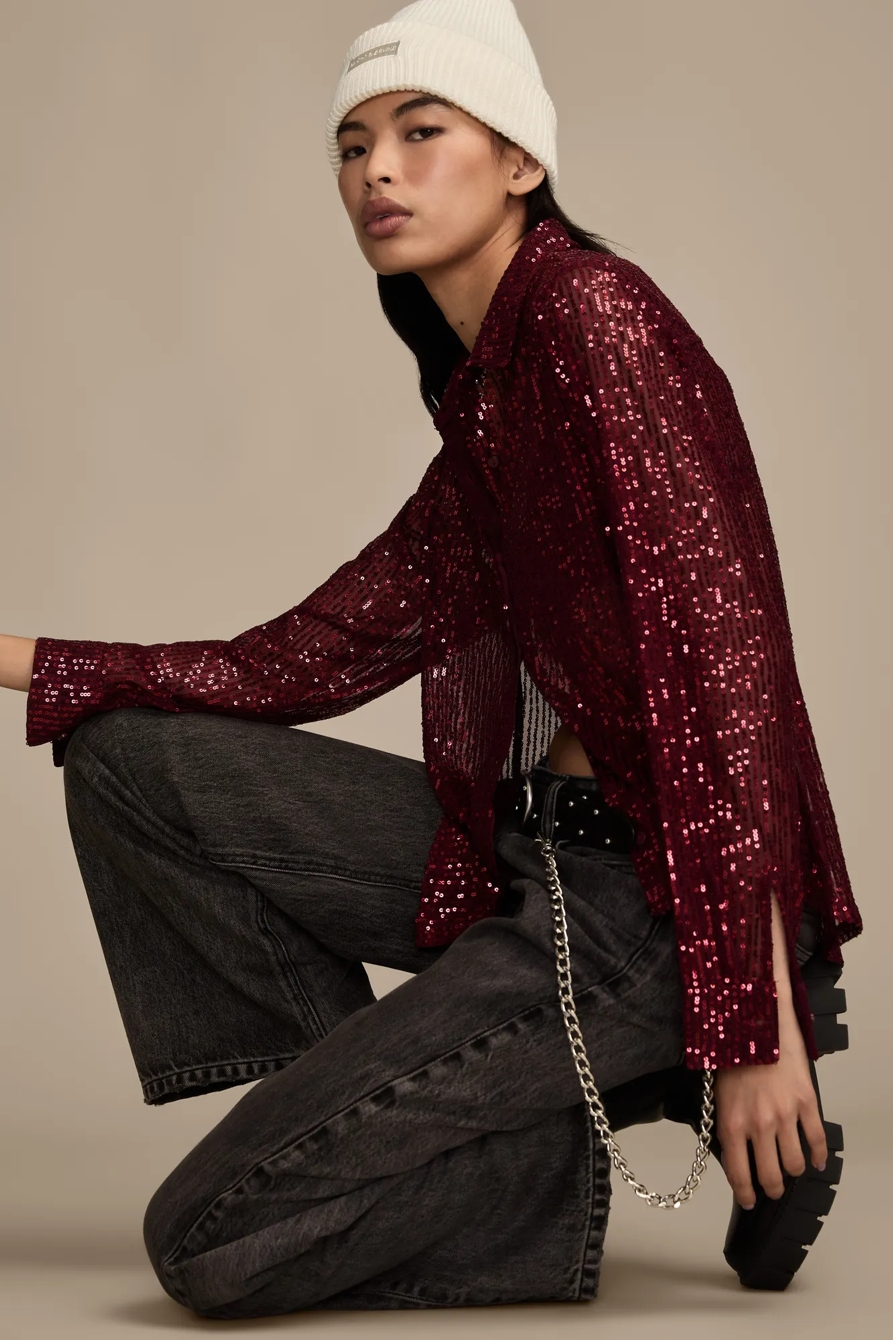 SEQUIN BUTTONDOWN SHIRT — RED WINE — image 1
