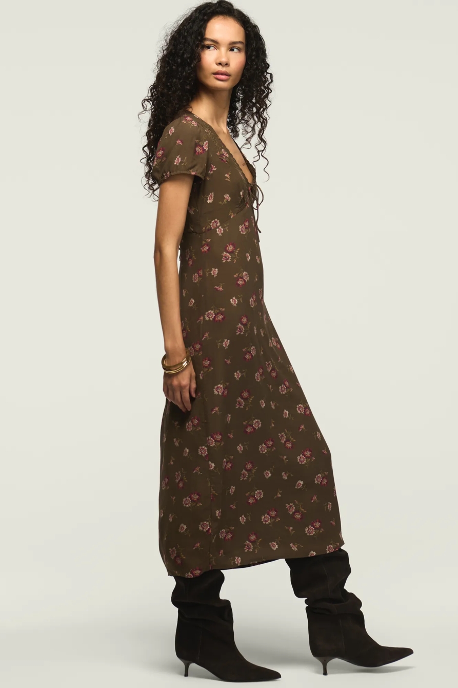 EMBROIDERED SHORT SLEEVE SIMONE MIDI DRESS — OLIVE FLORAL — image 4