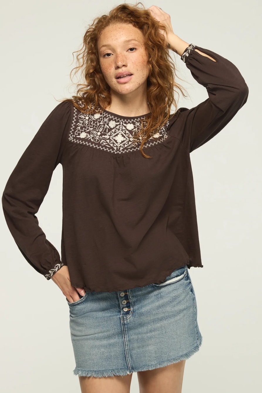 EMBROIDERED YOKE PEASANT TOP — RAVEN — image 2