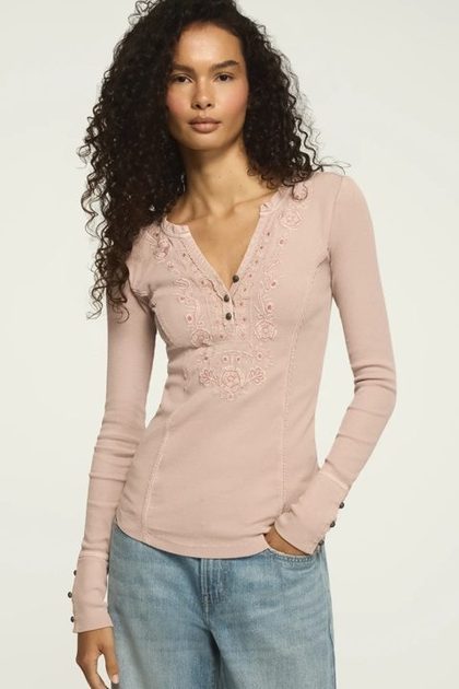 Embroidered V Neck Henley, Pink Overdye